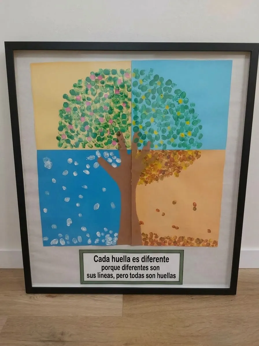Cuadro de un árbol hecho con huellas: «Cada huella es diferente»