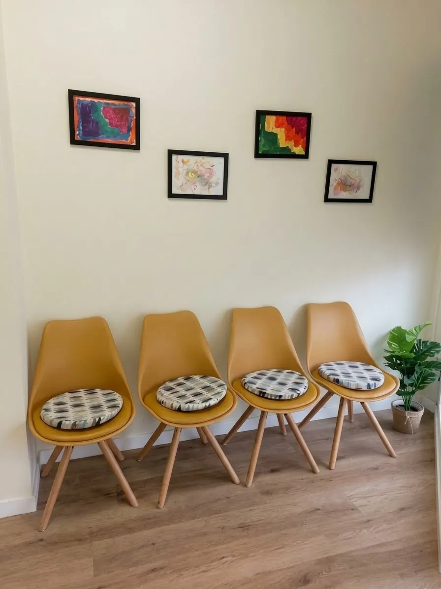 Sala de espera con sillas y dibujos enmarcados