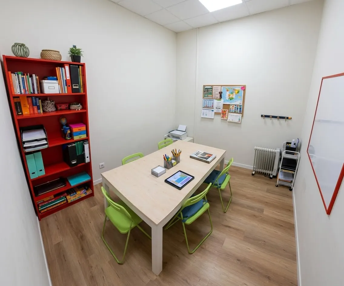 Sala con mesa de estudio y estantería